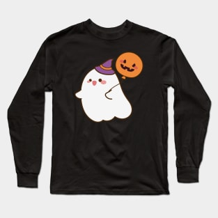 Cute ghost with pumpkin balloon Long Sleeve T-Shirt